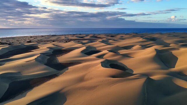 drone is flying above the dunes of Maspalomas at sunrise, desert in Gran Canaria, vacation in the Canary islands, Spain, drone shot of coastal sand dunes of Maspalomas, travel destination in Gran
