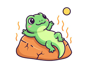Obraz premium Cute cartoon lizard relaxing on a rock under the sun.
