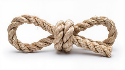 Fototapeta premium Natural rope tied in an infinity knot shape, isolated on white background, symbol of strength, connection and continuity.