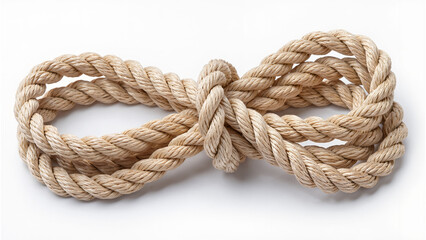 Fototapeta premium Natural rope tied in an infinity knot shape, isolated on white background, symbol of strength, connection and continuity.