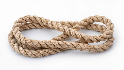 Obraz premium Natural rope tied in an infinity knot shape, isolated on white background, symbol of strength, connection and continuity.