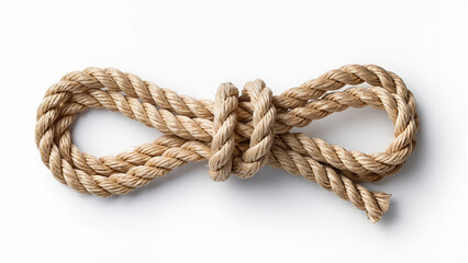 Obraz premium Natural rope tied in an infinity knot shape, isolated on white background, symbol of strength, connection and continuity.