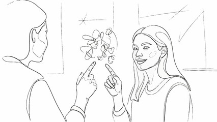 Two women interacting with a digital interface.