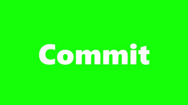 Simple animated text displaying the word commit repeatedly fading in and out over a bright solid green screen background perfect for video editing overlays