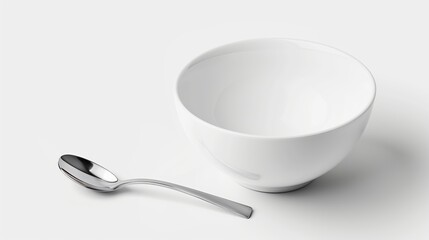 Contemporary white bowl and spoon set presented on pristine table with gentle studio illumination