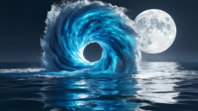 Water Vortex Emerges on Ocean Surface Underneath the Full Moon Sky