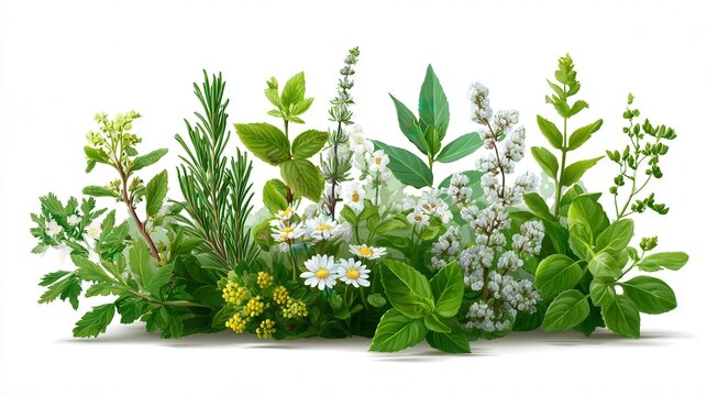Detailed illustration of medicinal herbs isolated on white background