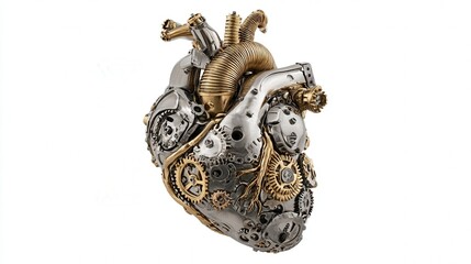 detailed mechanical heart made of brass and steel isolated on white background