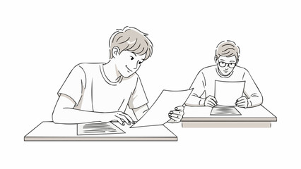 Two young men studying and reading papers at desks.
