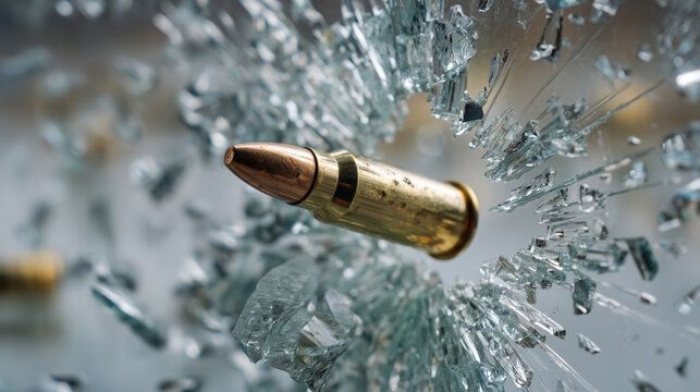 Bullet impact shattering glass urban environment action shot high-speed dynamic perspective