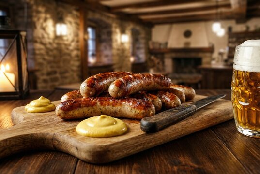 Grilled German bratwurst sausages on wooden board with mustard and beer, rustic tavern background, grilled meat, dinner, oktoberfest food, roasted sausages, pub meal, traditional bavarian cuisine.