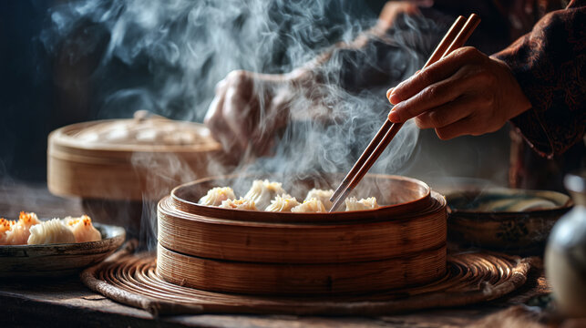 A person uses chopsticks to pick up steaming dim sum from a bamboo steamer basket on a table
