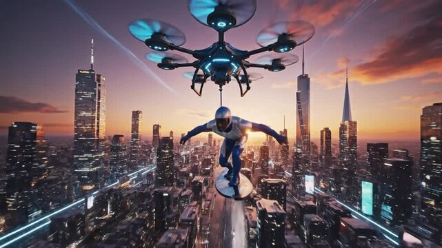 Futuristic hoverboarder soaring above dense cityscape with metallic buildings and teal accents, accompanied by flying drones