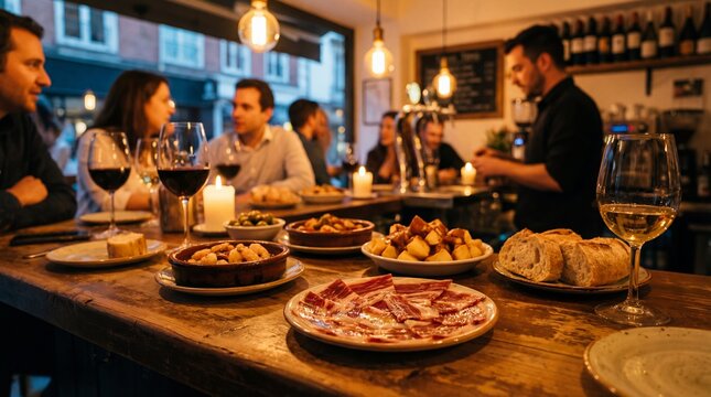 Friends enjoying tapas and wine in a cozy rustic bar, spanish ham, appetizers, evening social gathering, restaurant interior, Mediterranean snacks, nightlife, group dining, bistro, gourmet food.