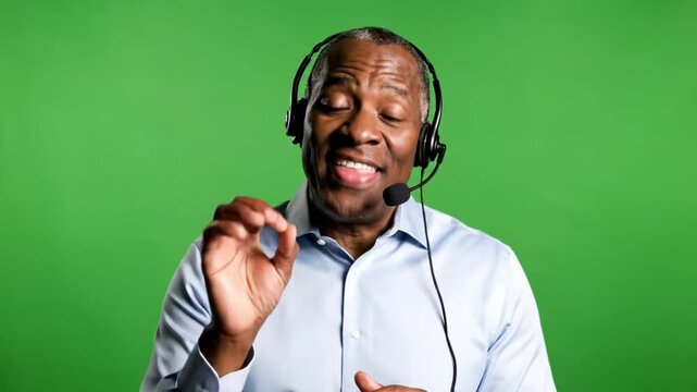 A person with a headset and microphone gestures forward on a vibrant green backdrop