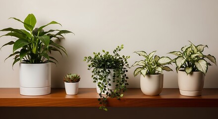Fototapeta premium Collection of indoor houseplants on wooden shelf
