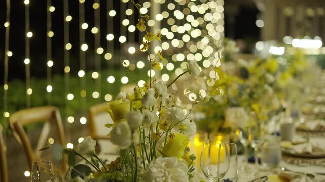 Close up flowers candle tablecloth catering dinner. Wedding set up bouquet event party reception night outdoor. 