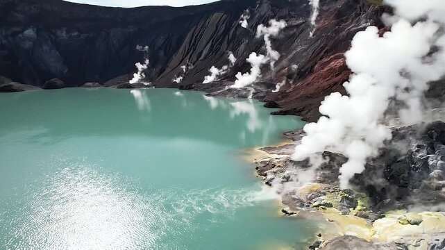Turquoise acidic crater lake with steaming fumaroles volcanic landscape geothermal activity natural disaster concept.
