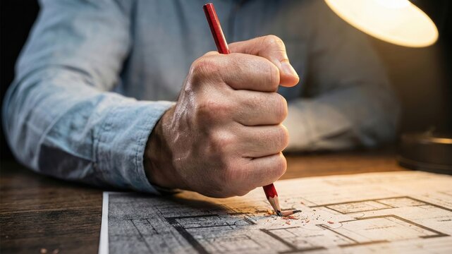 Frustrated architect breaking a red pencil tip on blueprints due to intense work stress and anger.