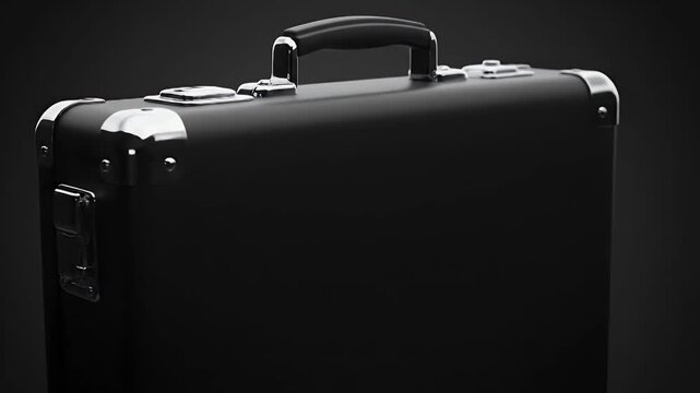 Sleek black hard-sided carrying case with metal hardware against dark background