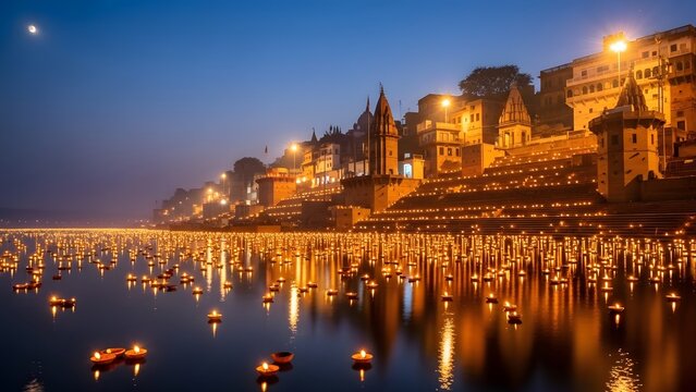 A breathtaking view of the illuminated ghats and countless floating diyas on the holy river Ganges during the Dev Deepawali festival.