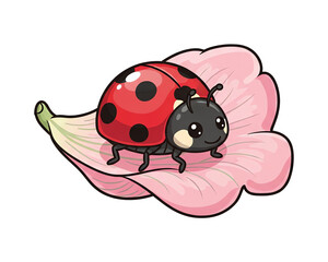 Fototapeta premium Cute Ladybug on a Pink Flower Petal Illustration.