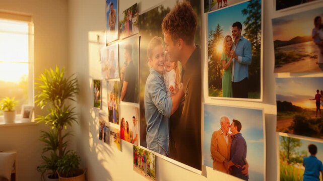 Family moments captured in photos on the wall in a bright room during sunset hours