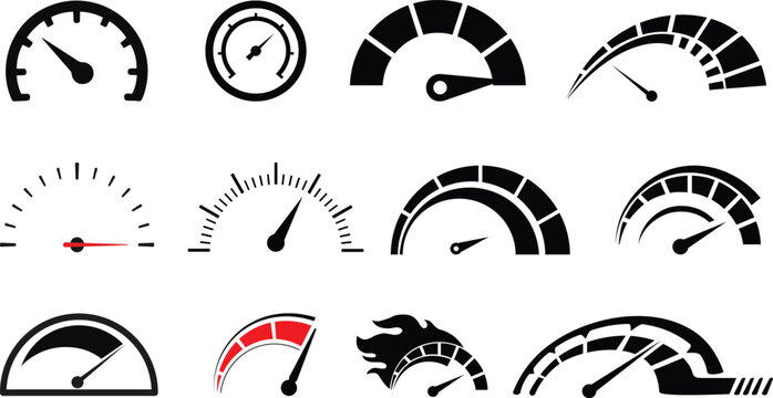 Speedometer icon set. Performance level dial bar vector illustration. Power level measure symbol. Infographic dashboard chart with arrow sign. High, medium and low risk control panel. Progress scale.