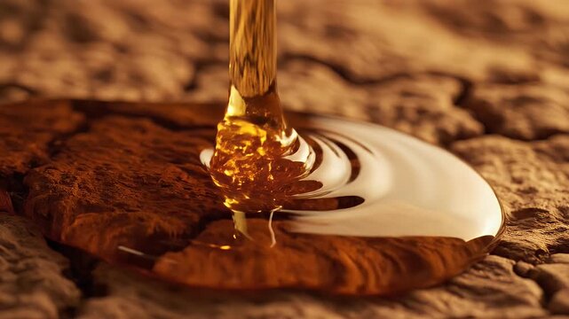Golden honey pouring onto a wooden surface creating a sweet puddle.