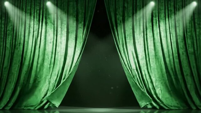 Green Screen stage theater curtain opens and closes video is looped contains transparency channel greenscreen scene 2 with distortion, overlay, glitch, static noise, scan lines on black background, 4k