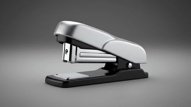 Desktop fastening device with metallic top and black base on gray background