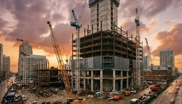 Timelapse construction of high-rise skyscraper in big city center, urban building site development