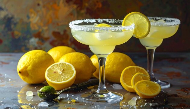 A margarita glass with yellow drink and lemon slice, surrounded by lemons and lime on white surface, beach and ocean behind&mdash;evoking crafted clarity, tropical rhythm, and refreshing stillness in a seas