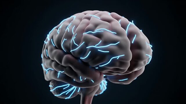 Human brain cross section with glowing neural pathways in dark background