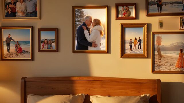 Family memories displayed on a wall in a cozy bedroom during sunset hours