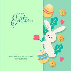 Happy Easter card. Paper cut Easter banner with cute bunny, eggs and spring plants