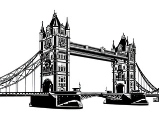 Obraz premium Detailed black and white vector illustration of london tower bridge on transparent background