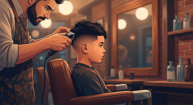 Professional barber cutting a young boy's hair in a modern barbershop.