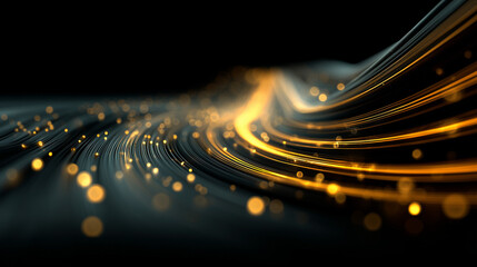 A dynamic stream of luminous golden light trails and glowing particles flows rapidly across a dark background, illustrating concepts of high-speed data transmission and technological advancement.