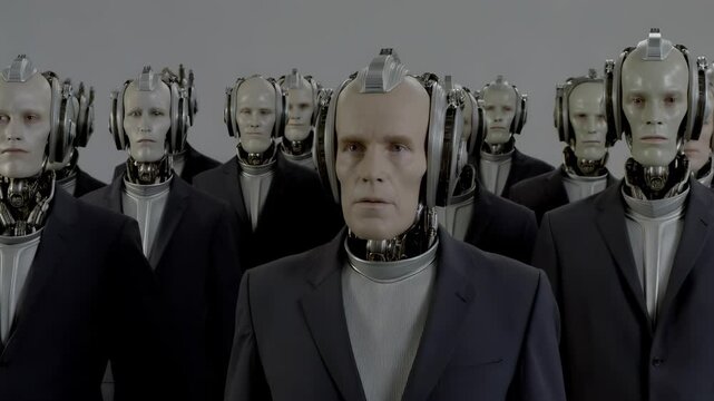 Robotic Humanoids in Formal Attire Standing in Formation