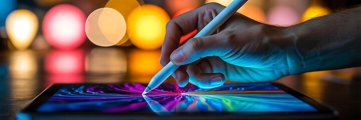 Digital artist drawing on tablet with stylus and colorful lights
