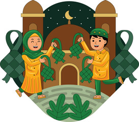 Muslim Man & Woman Holding Ketupat for Eid Celebration