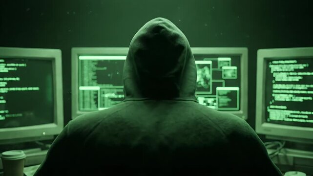Rear view of hacker in hoodie looking at screens with green code
