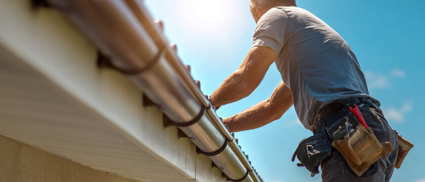 A man in a tool belt installing or repairing gutters on a house exterior on a sunny day