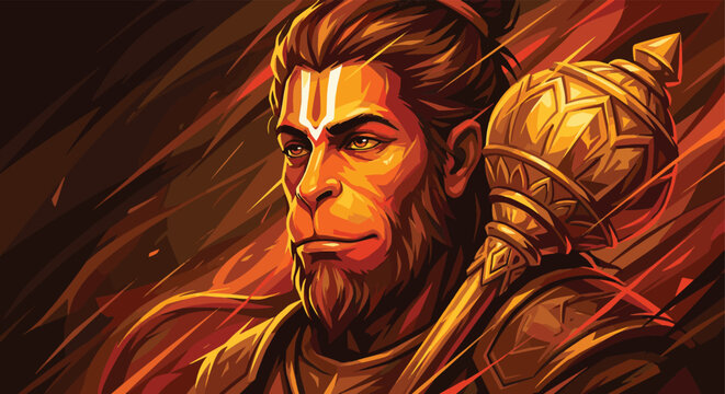 Majestic Lord Hanuman Portrait with Golden Gada - Hindu God of Strength and Devotion