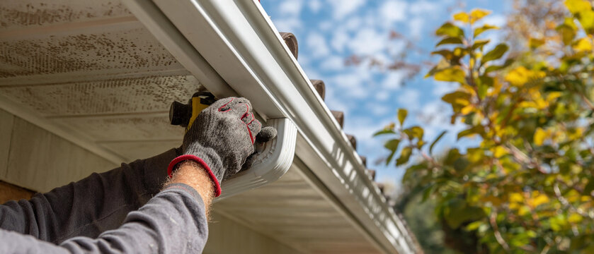 A person is cleaning a clogged gutter with a drill on a house exterior
