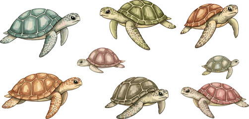 Sea Turtle Illustration Set Featuring Realistic Marine Turtles in Different Sizes and Swimming Poses for Ocean Wildlife Education and Detailed Vector Design © MstSuborna
