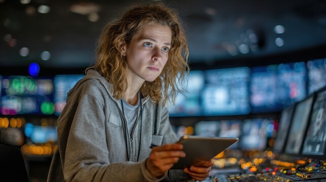Focused woman holds tablet in control room surrounded by screens. Represents media production, monitoring, or complex tech operations.