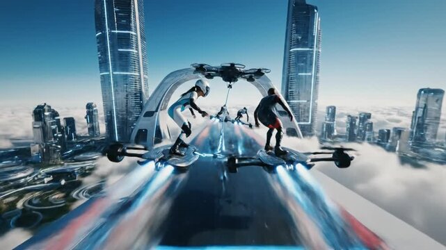 Futuristic hoverboarders gliding above a cloud city, modern metallic platforms and drones, advanced technology in the sky