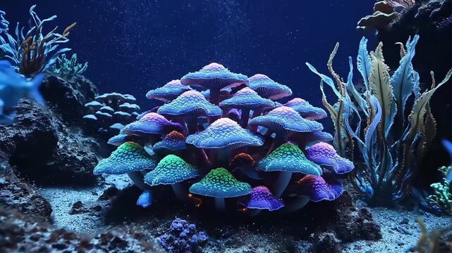 Vibrant cluster of colorful mushroom corals thriving in a deep blue saltwater aquarium reef tank showcasing bioluminescence and underwater beauty for marine life themes